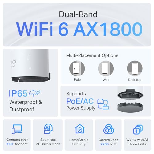 TP-Link Deco X20-Outdoor AX1800 Dual-Band Wi-Fi 6 Mesh Wi-Fi Extender | Coverage up to 2200 sq.ft | 2 Gigabit PoE+ Ports | Weatherproof | HomeShield Security | 1-Pack