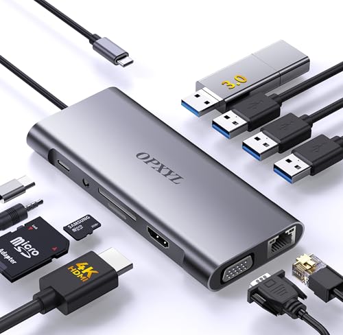 OPXYL 11-in-1 USB C Hub Multiport Adapter with 4K HDMI, VGA 1080P, 100W Power Delivery, Ethernet, USB 3.0