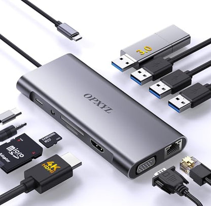 OPXYL 11-in-1 USB C Hub Multiport Adapter with 4K HDMI, VGA 1080P, 100W Power Delivery, Ethernet, USB 3.0