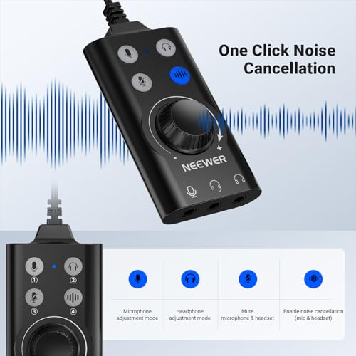 NEEWER PP07 USB C & USB A to 3.5mm External Sound Card, Portable Audio Adapter with Mute, Noise Cancellation, Volume & Gain Control