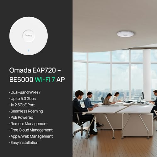 TP-Link EAP720 Omada WiFi 7 Wireless Access Point - Dual-Band, 2.5G Ethernet Port, 3600 Mbps, App Control, Indoor Use