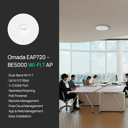 TP-Link EAP720 Omada WiFi 7 Wireless Access Point - Dual-Band, 2.5G Ethernet Port, 3600 Mbps, App Control, Indoor Use