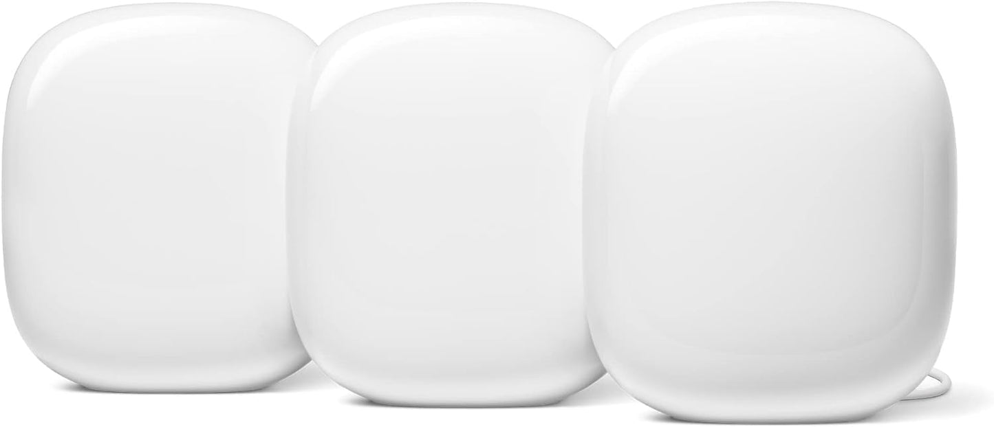 Google 3 Pack Nest Wifi Pro Model Number Nest Wifi Pro Wi-Fi 6E Tri-Band 6600 Sq. Ft. Coverage 1 Gbps Data Transfer Rate 4 Ports
