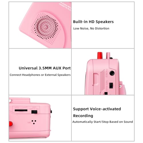 Mersoco Portable Vintage Cassette Player T201Pink USB Connectivity AM/FM Radio Battery Powered