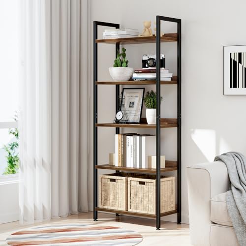 NUMENN 5 Tier Bookshelf Floor Mount Vintage Style Metal and Engineered Wood Bookcase