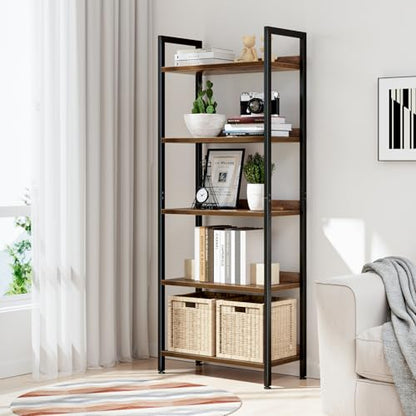 NUMENN 5 Tier Bookshelf Floor Mount Vintage Style Metal and Engineered Wood Bookcase