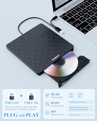 ORIGBELIE External Ultra-Slim Optical Drive TP520 24xCD 8xDVD USB 3.0