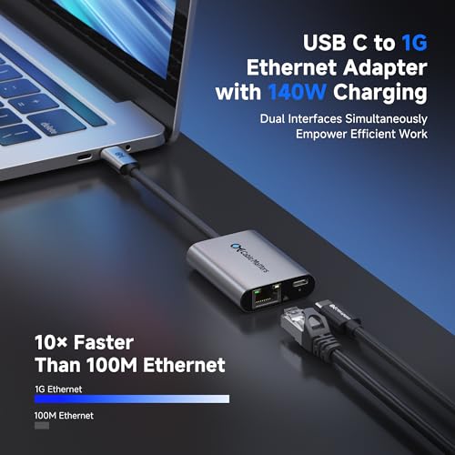 Cable Matters 2-Port USB C to Ethernet Adapter 1000Mbps, 140W Power Delivery, Aluminum Housing, Model 201153-BLK