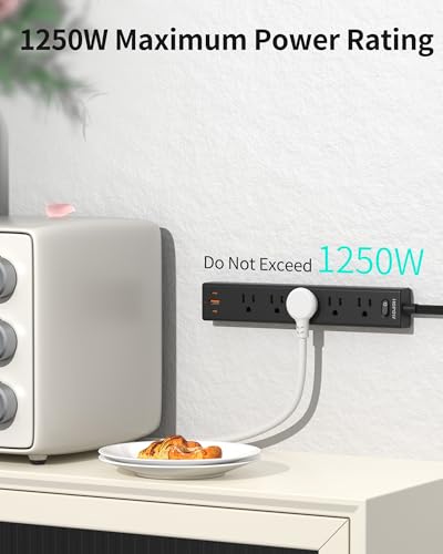 HOPOW 6 ft Power Strip QV560-CU 5 Outlets 3 USB Ports 1700 Joules Black
