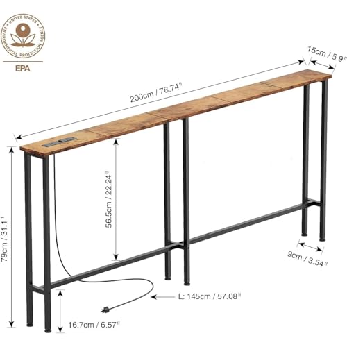 Keelian 78IN ST-78-01 Console Table with Power Outlets & USB Ports, Metal Frame, Rustic Brown