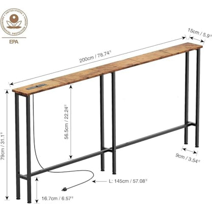 Keelian 78IN ST-78-01 Console Table with Power Outlets & USB Ports, Metal Frame, Rustic Brown