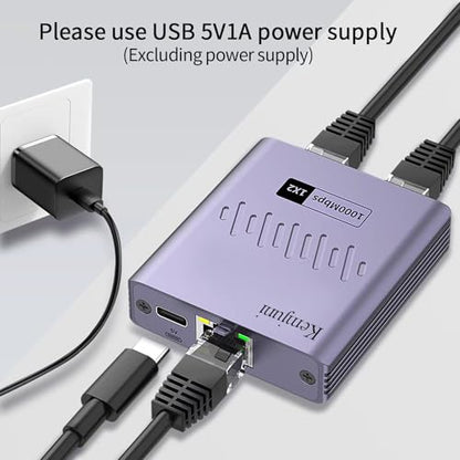 Kemjuni Ethernet Splitter 1 to 2 Powered Network Adapter 1000Mbps