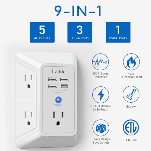 Lvetek 5 Outlet Extender QF-519F 125 Volts 15 Amps USB Wall Charger