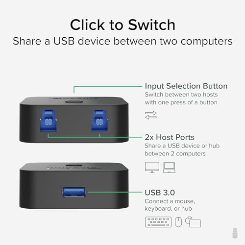Plugable 3 Port USB 3.0 Switch USB-A KVM Switch USB 2.0 5Gbps Plastic