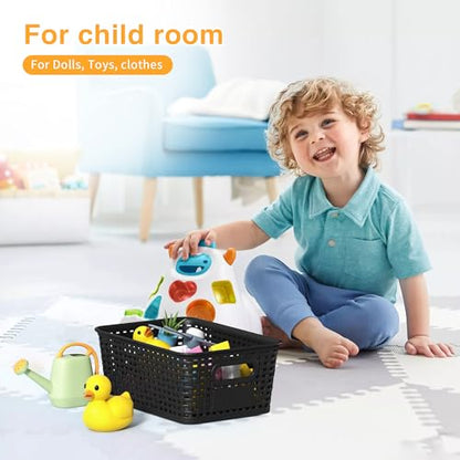 Wrrlors 8 Count Storage Bins with Lids Stackable Portable Black Plastic Baskets