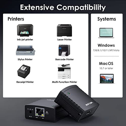 WAVLINK 8.43 x 5.87 x 2.1 inches 8.6 Ounces USB 2.0 Network Print Server LPR Print Protocol 10/100Mbps