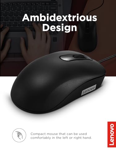 Lenovo USB Wired Optical Computer Mouse GY51K20071 Ambidextrous 1000DPI Black