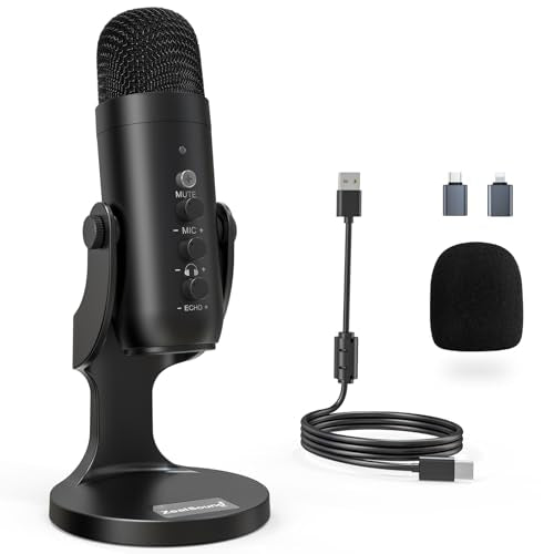 ZealSound K66 Microphone Series External USB Microphone with Lightning and USB-C Connectivity, Noise Cancellation, Volume Control, Gain Control, One-Touch Mute, Echo Adjustment, Unidirectional Polar Pattern