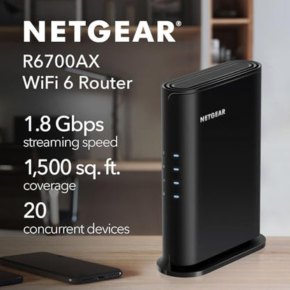 NETGEAR AX1800 WiFi 6 Router (R6700AX) – Dual-Band, 4-Stream, Wireless Connectivity, 1.8 Gbps, Coverage up to 1500 sq. ft.