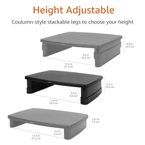 Amazon Basics Height Adjustable Monitor Stand Riser with Storage Organizer - 22 lbs Capacity, Multi-Height Adjustment, Ergonomic Design