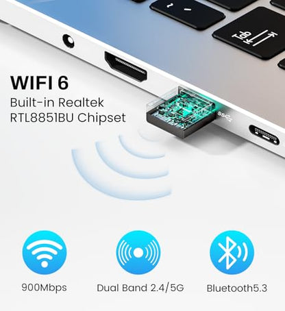 Auscoumer USB WiFi 6 Adapter 900Mbps Dual Band 2.4/5GHz with Bluetooth 5.3 for PC/Laptop, Model WD-AX905