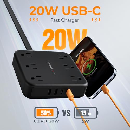 TESSAN 5Ft Power Strip with 6 AC Outlets and 3 USB Ports (2 Type-C, 1 Type-A), 125 Volts, 2100 Joules Surge Protection, Flat Plug, Model TS-PS08US00