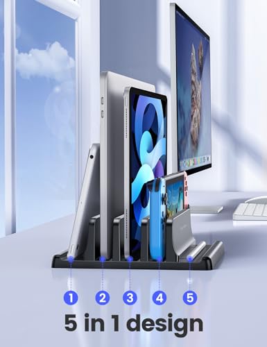 Vaydeer 3-Slot Vertical Laptop Stand Organizer, Adjustable Width, Tabletop Mounting, Rubber and Silicone Enclosure, Black, Model Xunli-0009