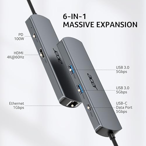 Acer 5.28" L x 1.38" W x 0.55" H ODK5D0 USB C Hub USB 3.0 to HDMI 4K Ethernet Ethernet Port Multiport Adapter