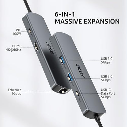 Acer 5.28" L x 1.38" W x 0.55" H ODK5D0 USB C Hub USB 3.0 to HDMI 4K Ethernet Ethernet Port Multiport Adapter