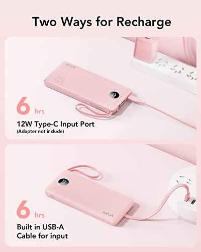 VRURC 10000mAh Portable Charger T1116 Slim Travel Power Bank with Built-in Cables, USB Type-C/USB-A/Micro for iPhone Cables