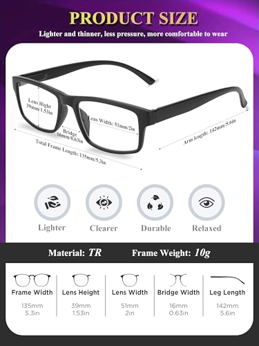 Kitchasy 51mm Reading Glasses 1.0x Magnification UV400 Blue Light Blocking Full Rim Square Adult