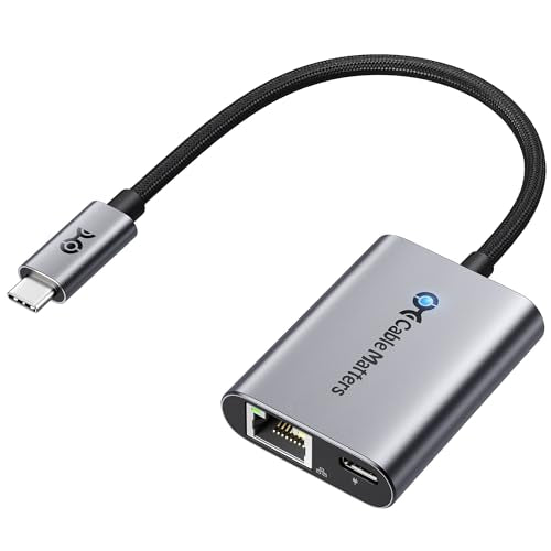 Cable Matters 2-Port USB C to Ethernet Adapter 1000Mbps, 140W Power Delivery, Aluminum Housing, Model 201153-BLK