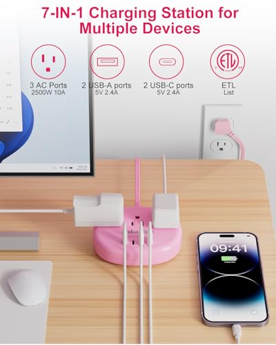 kakahigh 5FT 771-W Pink Extension Cord 125 Volts 1625 Watts Standard Power Strip with 3 AC Outlets and 4 USB Ports