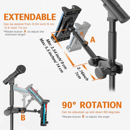 JUBOR Tablet Holder for Microphone Stand - JBST028 - Adjustable 360° Rotation - Black - Clamp Mount