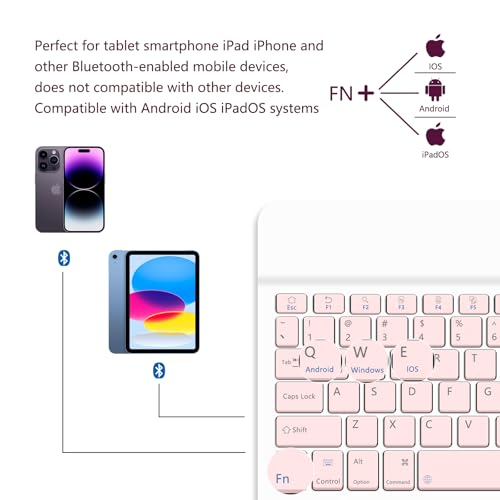 TopPerfekt Adjustable Wireless Tablet Keyboard with Stand, Bluetooth, QWERTY Layout, Pink