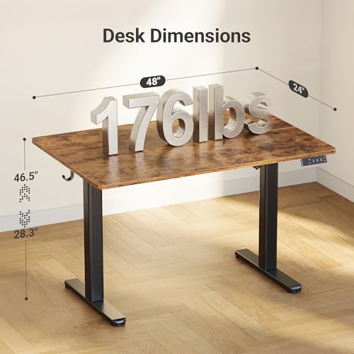 Claiks 48" P1.01.001 Electric Height Adjustable Desk, Rectangular, 3 Height Positions, Black Frame/Rustic Brown Top