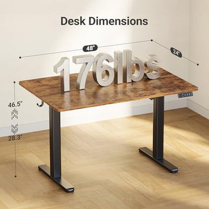 Claiks 48" P1.01.001 Electric Height Adjustable Desk, Rectangular, 3 Height Positions, Black Frame/Rustic Brown Top