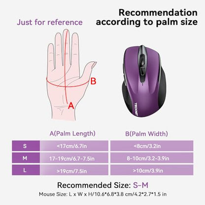 TECKNET 2.4G Ergonomic Optical Mouse 2600 DPI Wireless USB A Right-Handed Purple