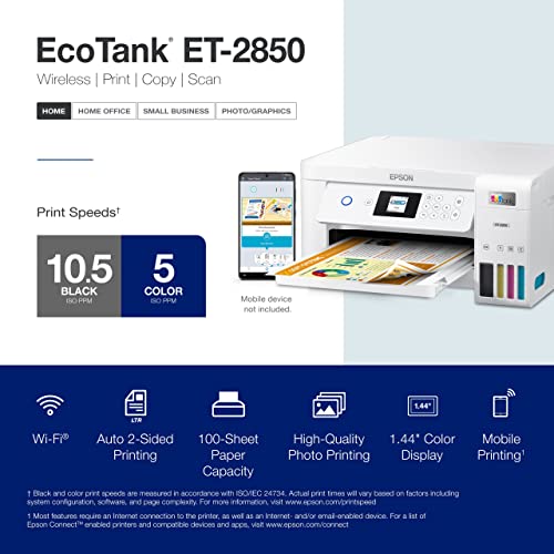 Epson EcoTank ET-2850 Wireless Color All-in-One Inkjet Printer, 4800 x 1200 dpi, Auto Duplex