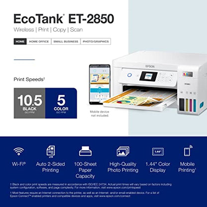 Epson EcoTank ET-2850 Wireless Color All-in-One Inkjet Printer, 4800 x 1200 dpi, Auto Duplex