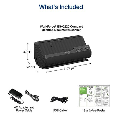 Epson Compact Desktop Document Scanner ES-C220 300 DPI USB 10 Watts 24-Bit Color Depth Document Scanner
