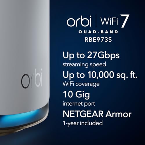 NETGEAR RBE973S Quad-Band WiFi 7 Mesh Network System, Router + 2 Satellite Extenders, Up to 27Gbps, Covers 10,000 sq. ft.