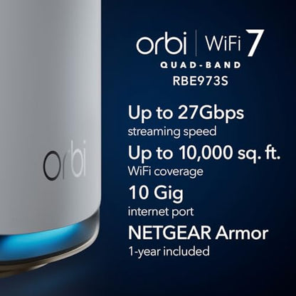 NETGEAR RBE973S Quad-Band WiFi 7 Mesh Network System, Router + 2 Satellite Extenders, Up to 27Gbps, Covers 10,000 sq. ft.