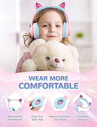 iClever BTH13 Over-Ear Kids Headphones, Wireless, Bluetooth 5.2, 50 Hours Playtime, 40mm Driver, 3.5mm Audio Cable, Pink