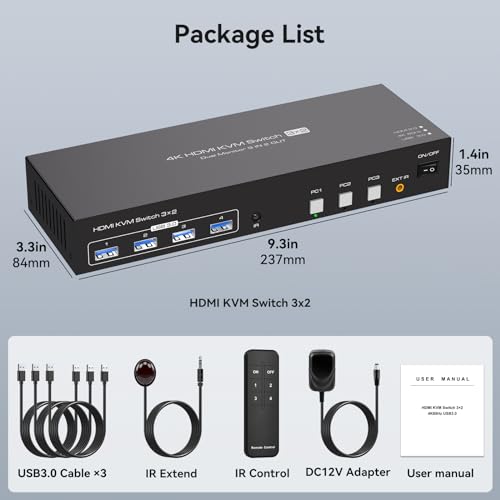 TJCXELE HDMI KVM Switch 2 Monitors 3 Computers 4K@60Hz