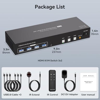 TJCXELE HDMI KVM Switch 2 Monitors 3 Computers 4K@60Hz