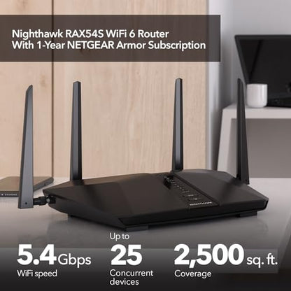 NETGEAR Nighthawk RAX54S Dual-Band WiFi 6 Router AX5400 5.4 Gbps 2,500 sq. ft. Connectivity