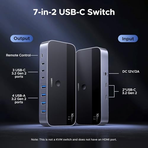 UGREEN 2-Port 7-Output USB 3.2 Switch 10 Gbps for Data Sharing - Model 75087 - Black - Plastic