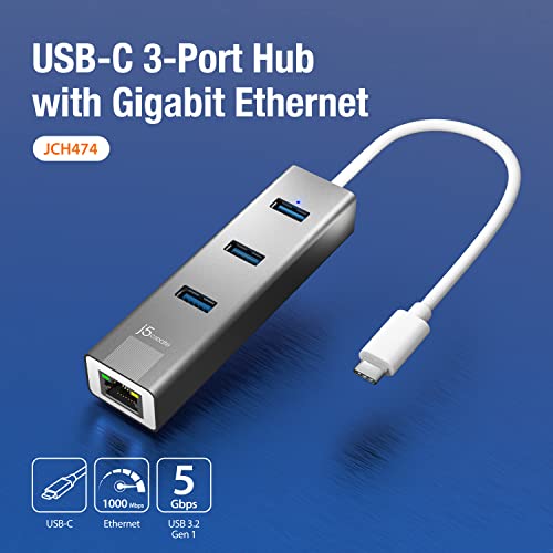 j5create USB-C 3-Port HUB + Gigabit Ethernet Adapter JCH474