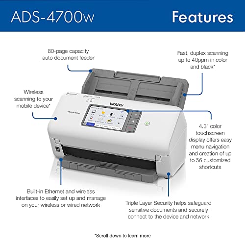 Brother ADS4700W Document Scanner Ethernet, USB, Wi-Fi 600 x 600 DPI 470 Watts